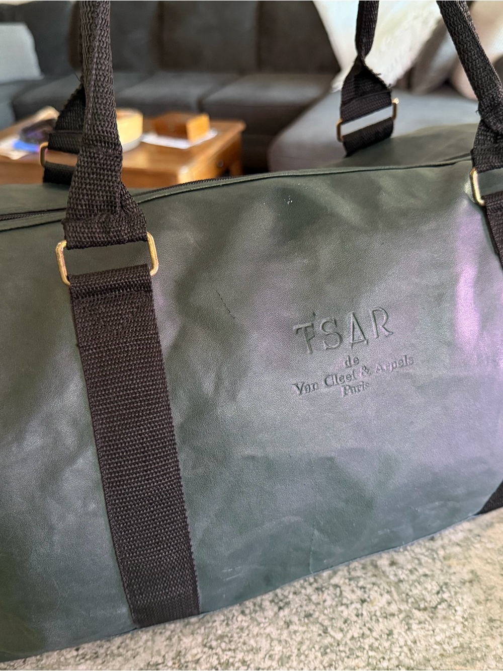 Van Cleef & Arpels Dark Green Leather Duffel with Black Webbing Straps